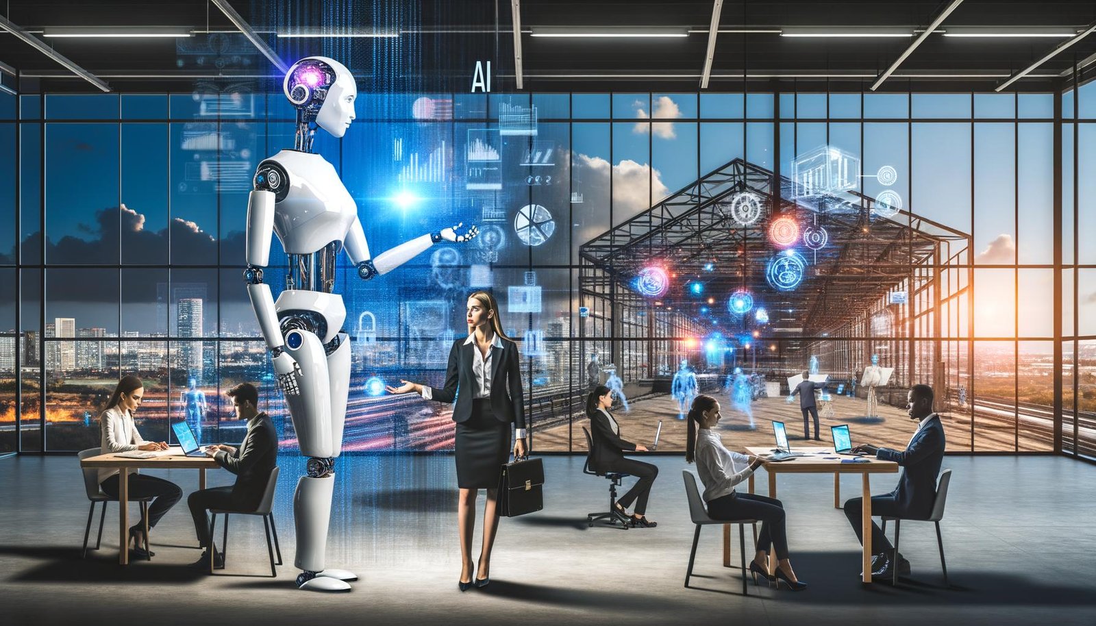 Moderner Arbeitsplatz mit humanoidem Roboter und Geschäftsmenschen vor KI-Bildschirmen, im Hintergrund Fabrikhalle mit arbeitenden Robotern und Menschen an Laptops.