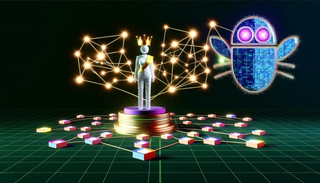 Person als Themenboss mit Krone, umgeben von digitalen Themen- und Subthemen-Clustern und einem Google-Bot im Hintergrund, der das Themenuniversum betrachtet.