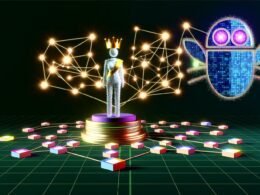 Person als Themenboss mit Krone, umgeben von digitalen Themen- und Subthemen-Clustern und einem Google-Bot im Hintergrund, der das Themenuniversum betrachtet.