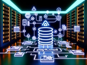 Futuristischer Serverraum mit strahlendem Payload CMS-Logo, API-Symbolen, SEO-Architektur und leuchtenden Netzwerken in Neonblau und Orange.