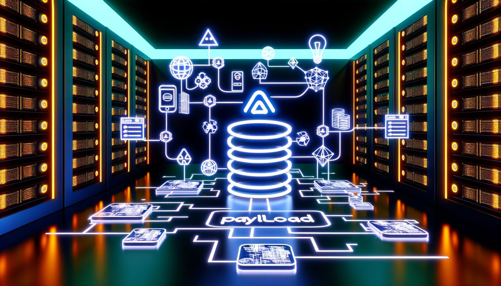 Futuristischer Serverraum mit strahlendem Payload CMS-Logo, API-Symbolen, SEO-Architektur und leuchtenden Netzwerken in Neonblau und Orange.