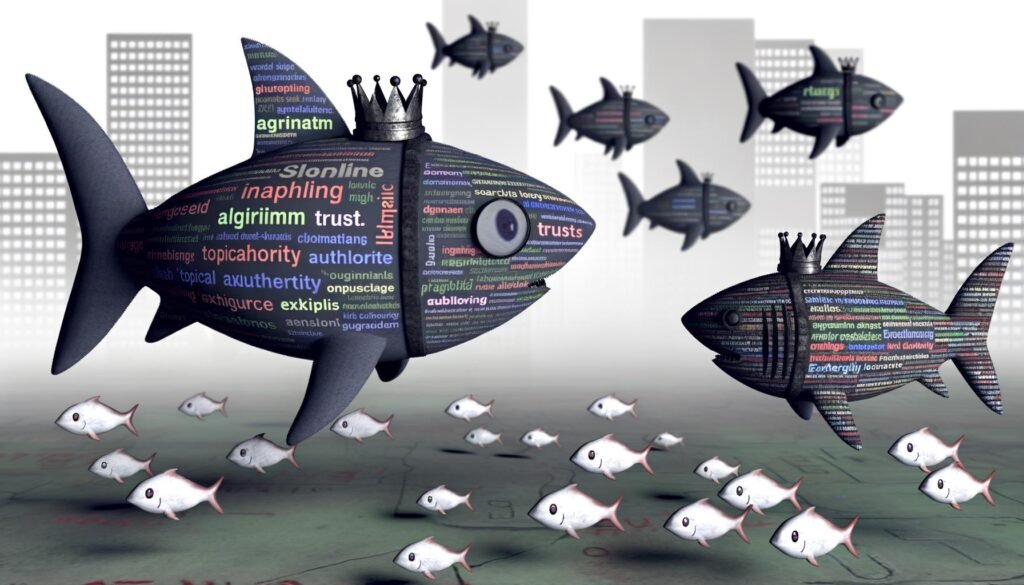 Kleiner Fisch aus Blogartikeln und Keywords umgeben von gefährlichen Haien mit Logos wie Google, Authority und Expertise. Ein Hai trägt eine Krone als Zeichen der Dominanz für Topical Authority. Unscharfe, fast durchsichtige Wettbewerber im Hintergrund, digitale Diagramme und Code im Wasser.