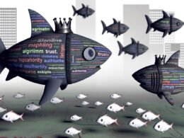 Kleiner Fisch aus Blogartikeln und Keywords umgeben von gefährlichen Haien mit Logos wie Google, Authority und Expertise. Ein Hai trägt eine Krone als Zeichen der Dominanz für Topical Authority. Unscharfe, fast durchsichtige Wettbewerber im Hintergrund, digitale Diagramme und Code im Wasser.