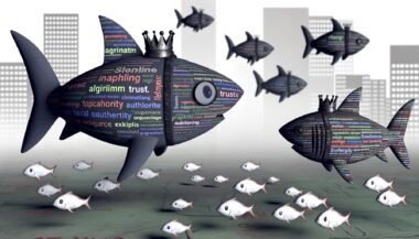 Kleiner Fisch aus Blogartikeln und Keywords umgeben von gefährlichen Haien mit Logos wie Google, Authority und Expertise. Ein Hai trägt eine Krone als Zeichen der Dominanz für Topical Authority. Unscharfe, fast durchsichtige Wettbewerber im Hintergrund, digitale Diagramme und Code im Wasser.