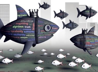 Kleiner Fisch aus Blogartikeln und Keywords umgeben von gefährlichen Haien mit Logos wie Google, Authority und Expertise. Ein Hai trägt eine Krone als Zeichen der Dominanz für Topical Authority. Unscharfe, fast durchsichtige Wettbewerber im Hintergrund, digitale Diagramme und Code im Wasser.