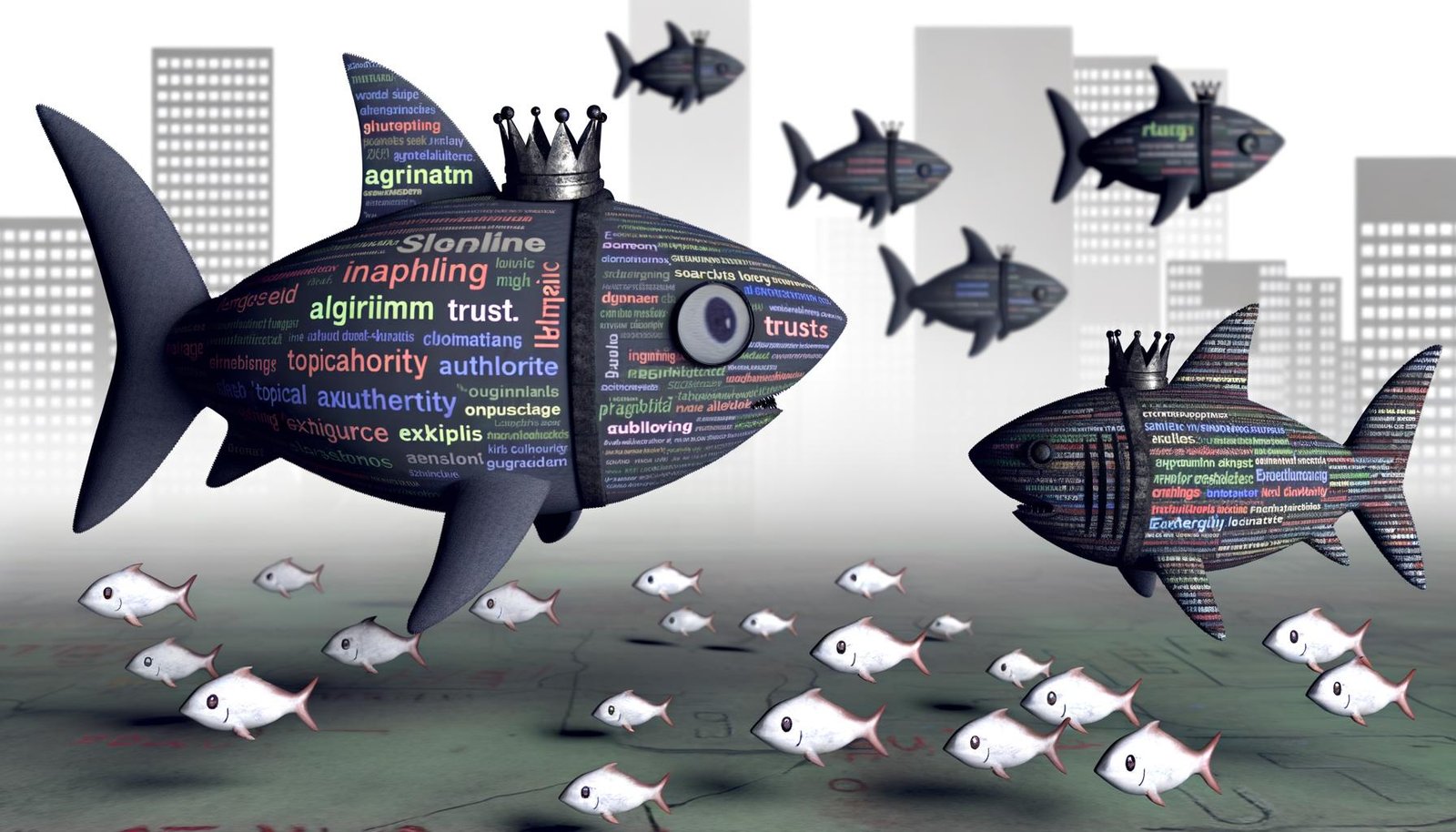 Kleiner Fisch aus Blogartikeln und Keywords umgeben von gefährlichen Haien mit Logos wie Google, Authority und Expertise. Ein Hai trägt eine Krone als Zeichen der Dominanz für Topical Authority. Unscharfe, fast durchsichtige Wettbewerber im Hintergrund, digitale Diagramme und Code im Wasser.