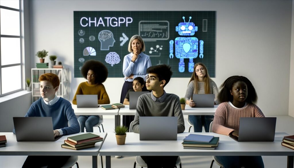 Modernes, helles Oberstufenklassenzimmer mit Schülern an Einzeltischen, die mit Laptops arbeiten. Im Hintergrund leuchtet an einer digitalen Tafel der Schriftzug 'ChatGPT' neben einem KI-Roboter. Eine Lehrkraft blickt nachdenklich auf einen Laptop, umgeben von Notizen und technischen Materialien.