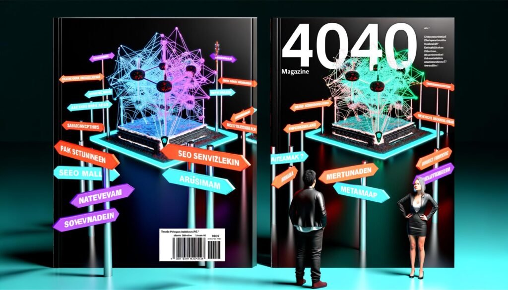 Futuristisches Magazincover mit Payload CMS, bunten Datenströmen, verwirrten Marketer und Entwickler, SEO-Wegweisern und abstrakter Google-Suchkulisse