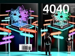 Futuristisches Magazincover mit Payload CMS, bunten Datenströmen, verwirrten Marketer und Entwickler, SEO-Wegweisern und abstrakter Google-Suchkulisse