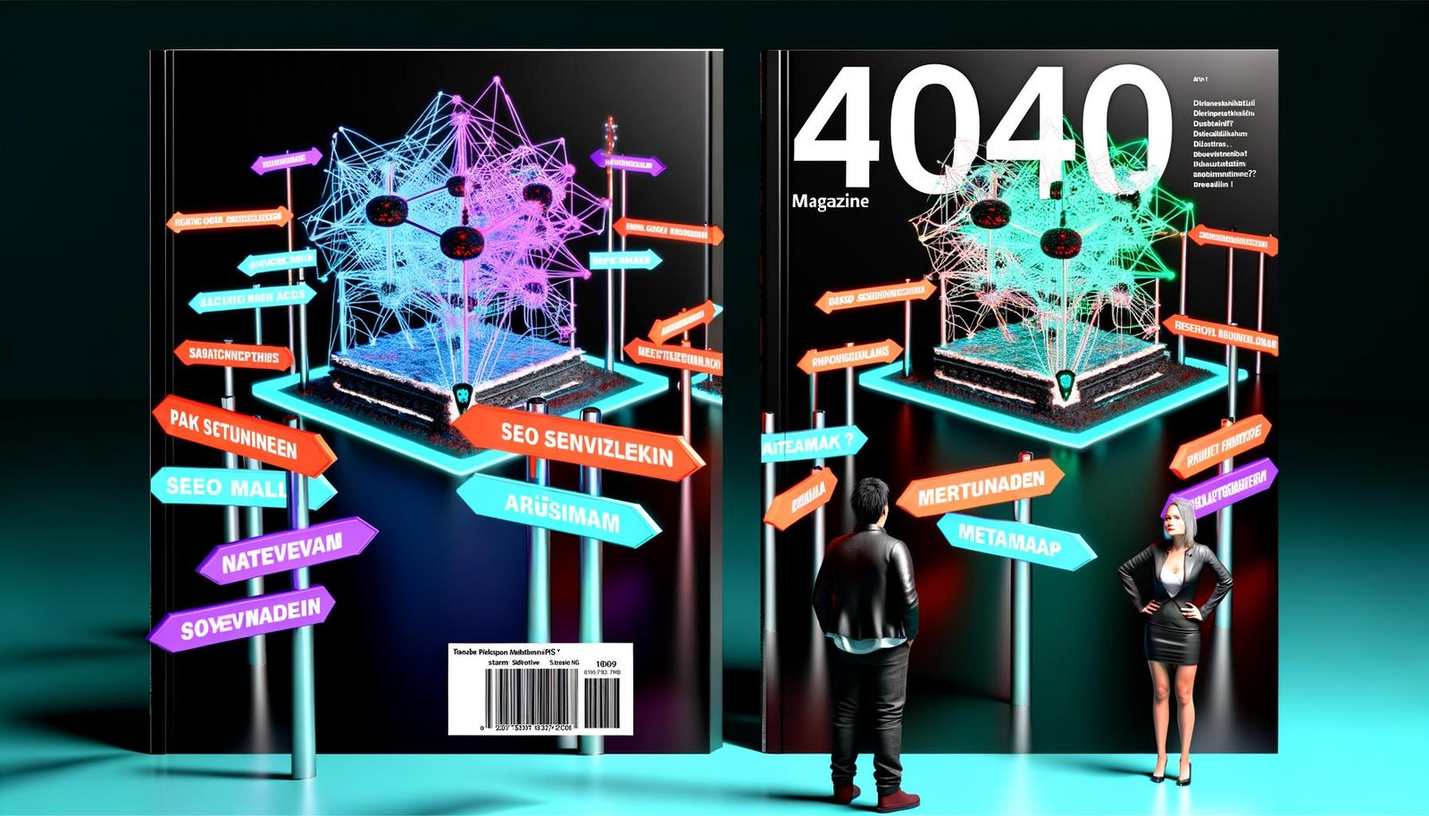 Futuristisches Magazincover mit Payload CMS, bunten Datenströmen, verwirrten Marketer und Entwickler, SEO-Wegweisern und abstrakter Google-Suchkulisse