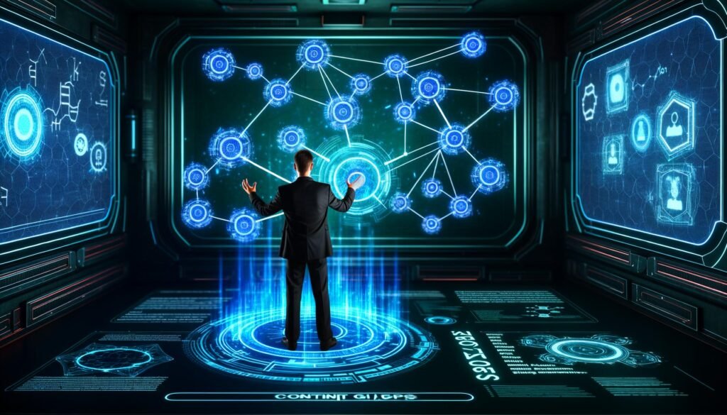Futuristische Maschinenraum-Szene mit SEO-Experten vor holografischer Oberfläche, leuchtenden Datenströmen, Knowledge-Graphs und Content-Gap-Markierungen in energiegeladener, techno-inspirierter Atmosphäre.
