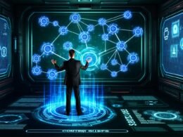 Futuristische Maschinenraum-Szene mit SEO-Experten vor holografischer Oberfläche, leuchtenden Datenströmen, Knowledge-Graphs und Content-Gap-Markierungen in energiegeladener, techno-inspirierter Atmosphäre.