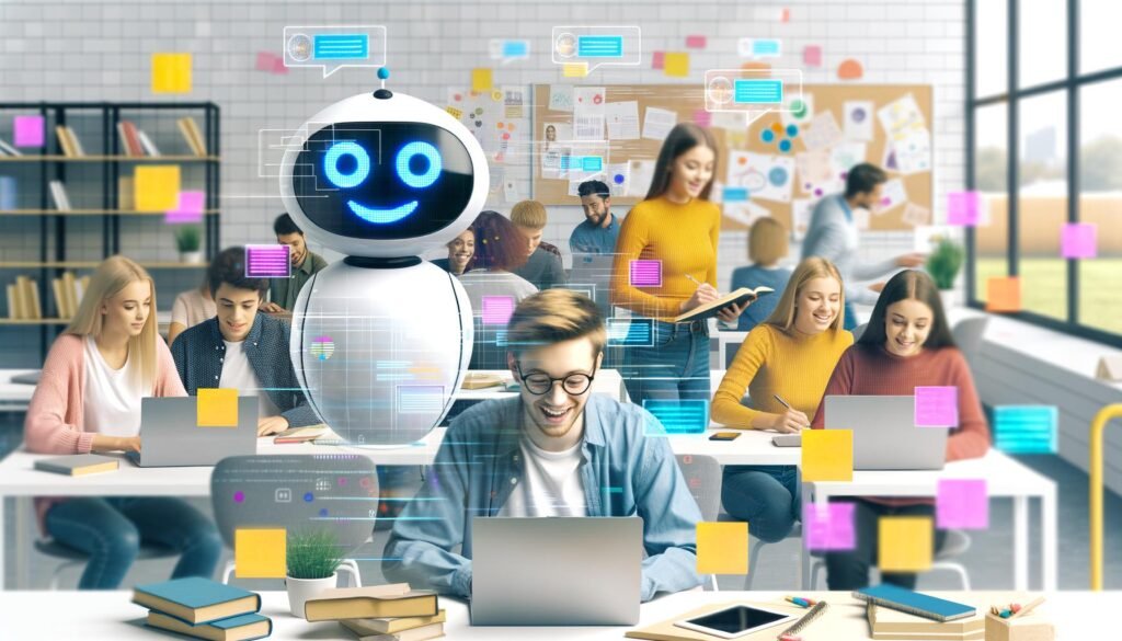 Digitale Klassenzimmerszene mit Schülern, die an Laptops und Tablets zusammenarbeiten, ChatGPT-Assistent auf Bildschirm und Lehrkraft im Hintergrund.