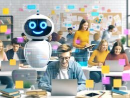 Digitale Klassenzimmerszene mit Schülern, die an Laptops und Tablets zusammenarbeiten, ChatGPT-Assistent auf Bildschirm und Lehrkraft im Hintergrund.