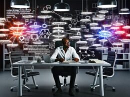 SEO-Experte mit Brille arbeitet an Schreibtisch, umgeben von leuchtenden Bildschirmen mit Content Maps, Keyword-Cluster-Bubbles und Topic-Graphen vor Whiteboard mit Content-Strategie-Flowchart.