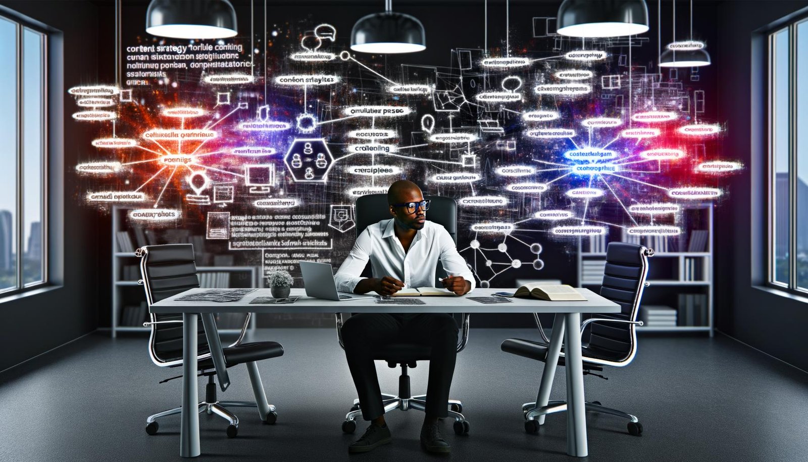 SEO-Experte mit Brille arbeitet an Schreibtisch, umgeben von leuchtenden Bildschirmen mit Content Maps, Keyword-Cluster-Bubbles und Topic-Graphen vor Whiteboard mit Content-Strategie-Flowchart.