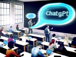 Moderne Schulklasse mit Schülern und Lehrkräften, digitale ChatGPT-Sprechblase schwebt zwischen traditionellem Unterricht und digitaler Technik.