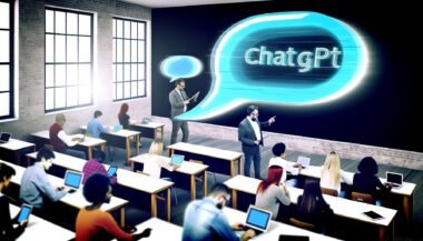 Moderne Schulklasse mit Schülern und Lehrkräften, digitale ChatGPT-Sprechblase schwebt zwischen traditionellem Unterricht und digitaler Technik.