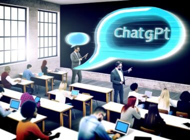 Moderne Schulklasse mit Schülern und Lehrkräften, digitale ChatGPT-Sprechblase schwebt zwischen traditionellem Unterricht und digitaler Technik.