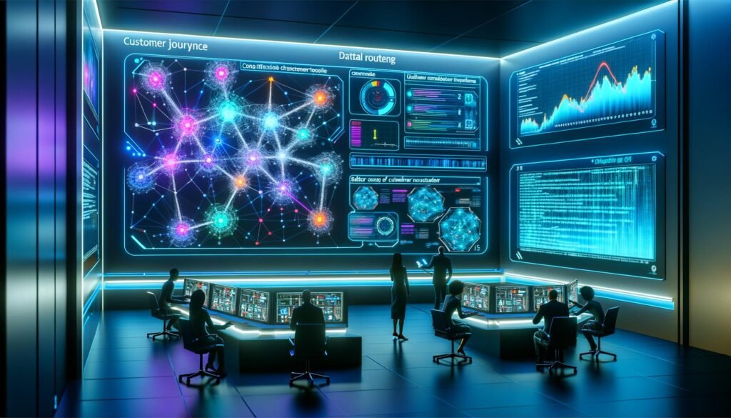 High-Tech Marketing-Kontrollraum mit digitalen Marketers, die komplexe Customer-Journeys auf leuchtenden Netzwerk-Displays analysieren, umgeben von KI-Analytics, Code und futuristischen Interfaces.