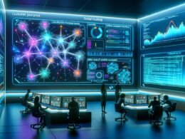 High-Tech Marketing-Kontrollraum mit digitalen Marketers, die komplexe Customer-Journeys auf leuchtenden Netzwerk-Displays analysieren, umgeben von KI-Analytics, Code und futuristischen Interfaces.