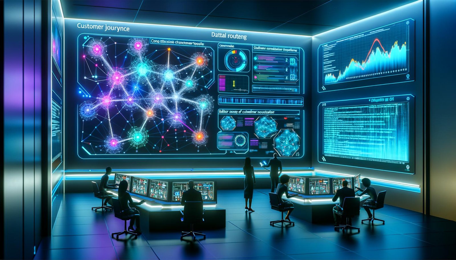 High-Tech Marketing-Kontrollraum mit digitalen Marketers, die komplexe Customer-Journeys auf leuchtenden Netzwerk-Displays analysieren, umgeben von KI-Analytics, Code und futuristischen Interfaces.