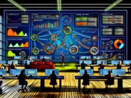Digitales Kontrollzentrum mit mehreren Bildschirmen, die eine detaillierte Customer Journey, Funnel-Diagramme und kanalübergreifende Datenflüsse anzeigen.