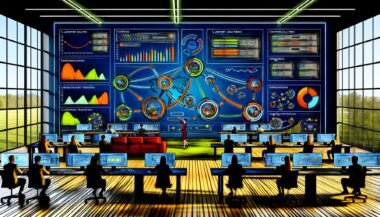 Digitales Kontrollzentrum mit mehreren Bildschirmen, die eine detaillierte Customer Journey, Funnel-Diagramme und kanalübergreifende Datenflüsse anzeigen.