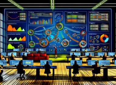 Digitales Kontrollzentrum mit mehreren Bildschirmen, die eine detaillierte Customer Journey, Funnel-Diagramme und kanalübergreifende Datenflüsse anzeigen.