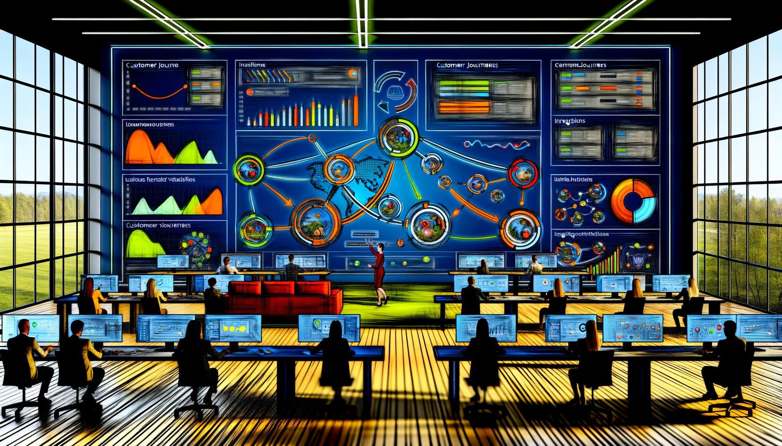Digitales Kontrollzentrum mit mehreren Bildschirmen, die eine detaillierte Customer Journey, Funnel-Diagramme und kanalübergreifende Datenflüsse anzeigen.