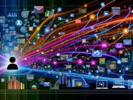 Dynamische, farbenfrohe Illustration einer vernetzten, nicht-linearen Customer Journey mit digitalen Touchpoints, Analyse-Dashboards und fließenden Datenströmen im Flat-Design.