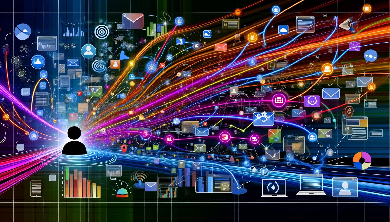 Dynamische, farbenfrohe Illustration einer vernetzten, nicht-linearen Customer Journey mit digitalen Touchpoints, Analyse-Dashboards und fließenden Datenströmen im Flat-Design.