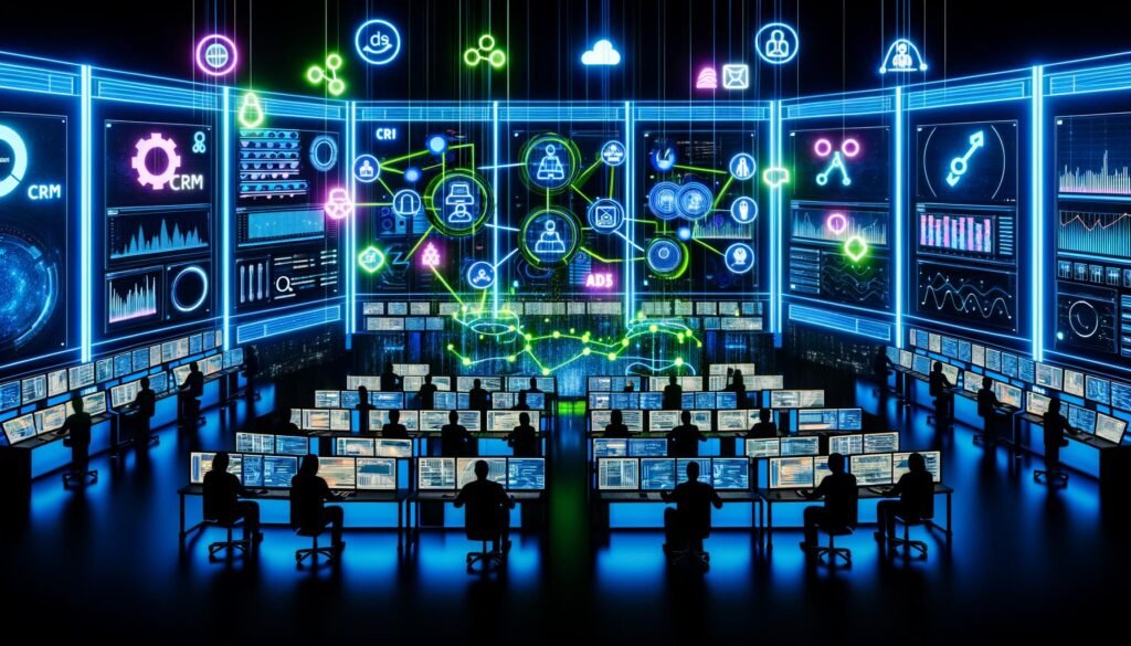 Futuristisches Data Operations Center mit digitalen Dashboards, holografischen Verbindungslinien und kollaborierenden Fachleuten bei Nacht.