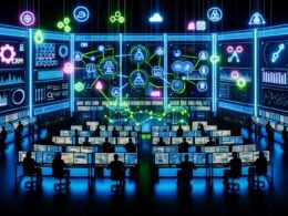 Futuristisches Data Operations Center mit digitalen Dashboards, holografischen Verbindungslinien und kollaborierenden Fachleuten bei Nacht.