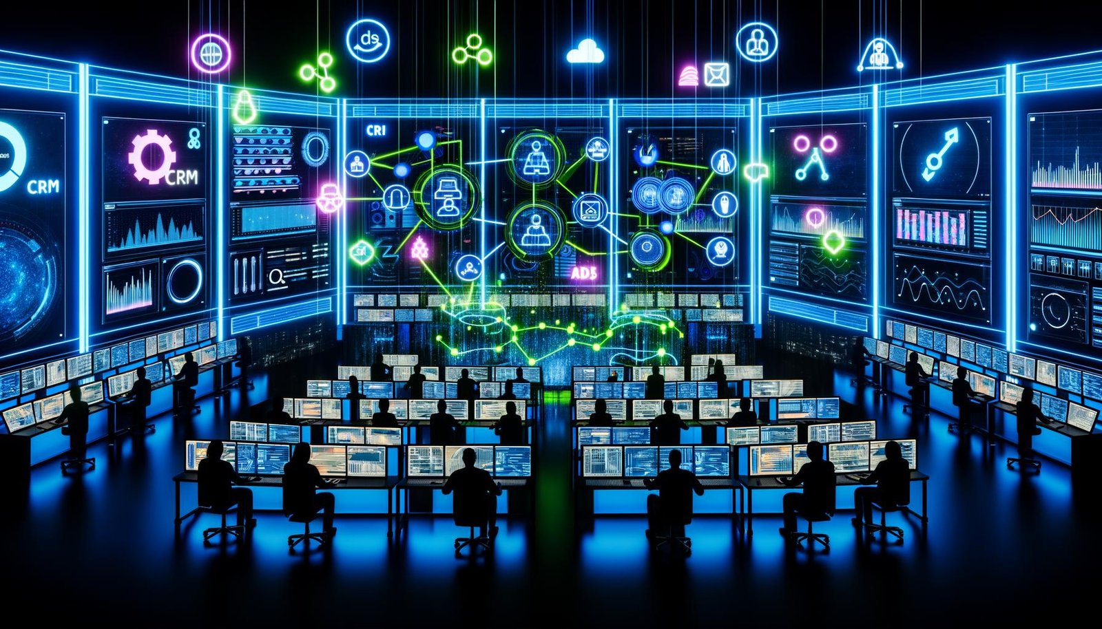 Futuristisches Data Operations Center mit digitalen Dashboards, holografischen Verbindungslinien und kollaborierenden Fachleuten bei Nacht.