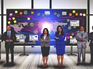 Marketingteam analysiert Datenstreams vor Whiteboards mit Customer-Journey-Maps, umgeben von digitalen Dashboards; ein zentrales integriertes Dashboard hebt sich als klare Informationsquelle hervor.