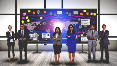 Marketingteam analysiert Datenstreams vor Whiteboards mit Customer-Journey-Maps, umgeben von digitalen Dashboards; ein zentrales integriertes Dashboard hebt sich als klare Informationsquelle hervor.