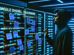 Entwickler in dunklem Maschinenraum vor Server-Racks und Monitoren, betrachtet mit Notizzetteln beklebte Glasscheibe mit Begriffen wie Static Site Generation und Payload CMS.