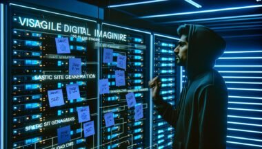 Entwickler in dunklem Maschinenraum vor Server-Racks und Monitoren, betrachtet mit Notizzetteln beklebte Glasscheibe mit Begriffen wie Static Site Generation und Payload CMS.