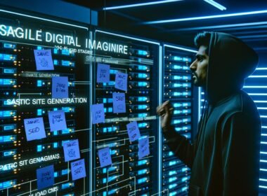 Entwickler in dunklem Maschinenraum vor Server-Racks und Monitoren, betrachtet mit Notizzetteln beklebte Glasscheibe mit Begriffen wie Static Site Generation und Payload CMS.