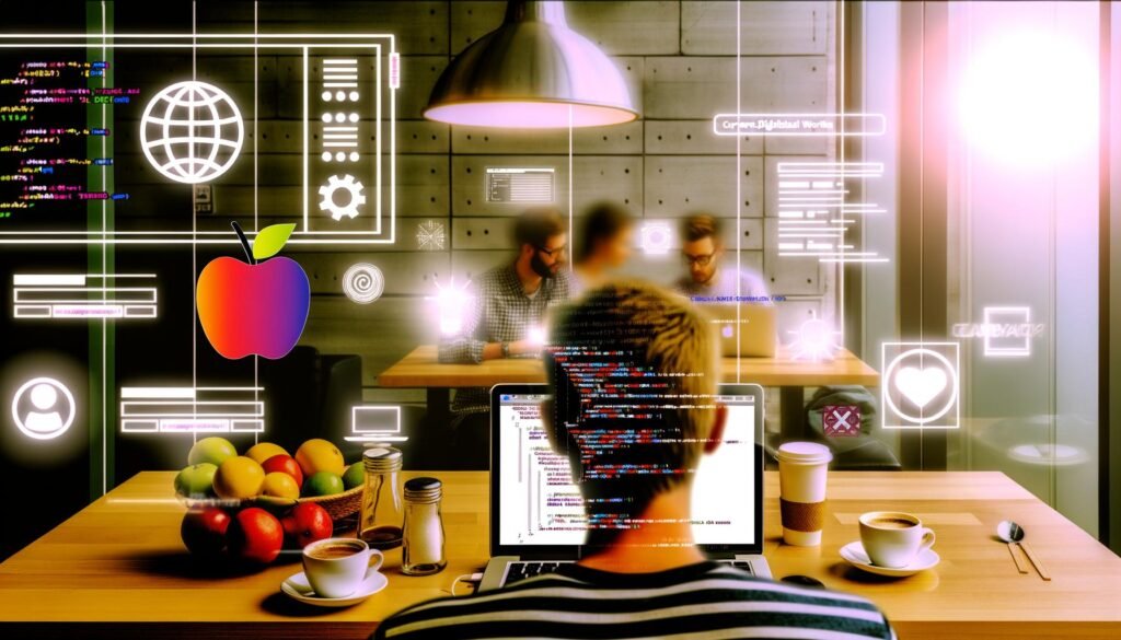 Entwickler arbeitet konzentriert mit Payload CMS an einem MacBook in einem stilvollen Café, umgeben von Designskizzen und Browserfenstern.
