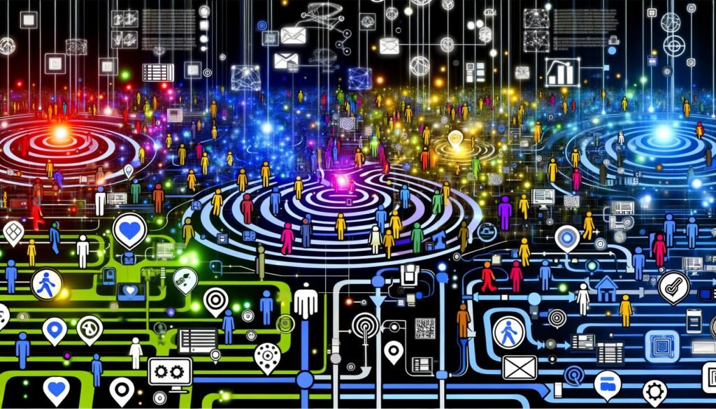 Illustration einer vielschichtigen Customer Journey Analyse mit Nutzerwegen, digitalen und analogen Touchpoints sowie Technologie-Elementen wie Tracking, Datenströmen und Dashboards.