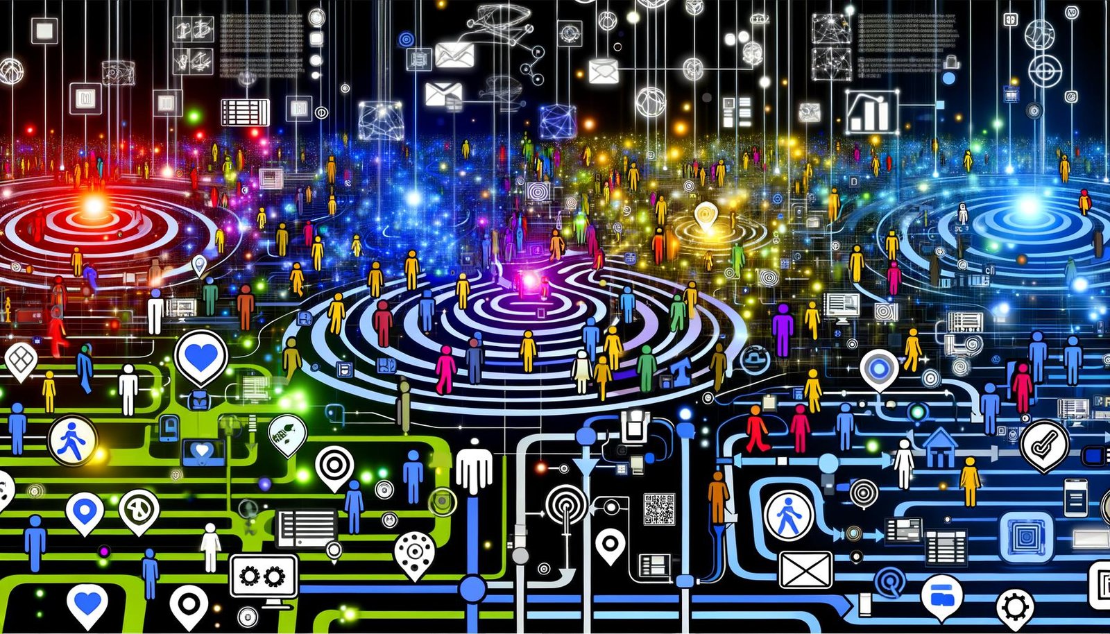 Illustration einer vielschichtigen Customer Journey Analyse mit Nutzerwegen, digitalen und analogen Touchpoints sowie Technologie-Elementen wie Tracking, Datenströmen und Dashboards.