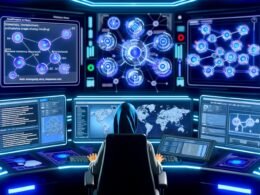 Content-Expertin arbeitet vor mehreren Monitoren in einem futuristischen Maschinenraum mit Knowledge-Graph-Hologrammen, digitalen Screens und komplexen Themen-Netzwerken.
