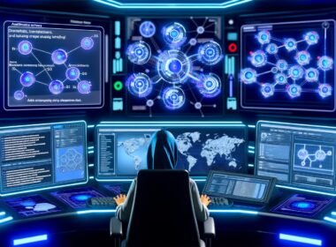 Content-Expertin arbeitet vor mehreren Monitoren in einem futuristischen Maschinenraum mit Knowledge-Graph-Hologrammen, digitalen Screens und komplexen Themen-Netzwerken.