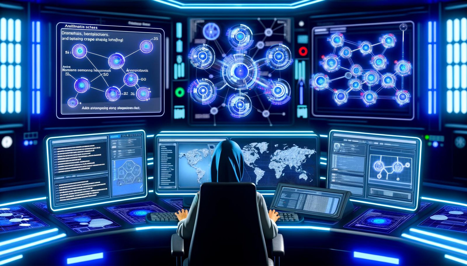 Content-Expertin arbeitet vor mehreren Monitoren in einem futuristischen Maschinenraum mit Knowledge-Graph-Hologrammen, digitalen Screens und komplexen Themen-Netzwerken.