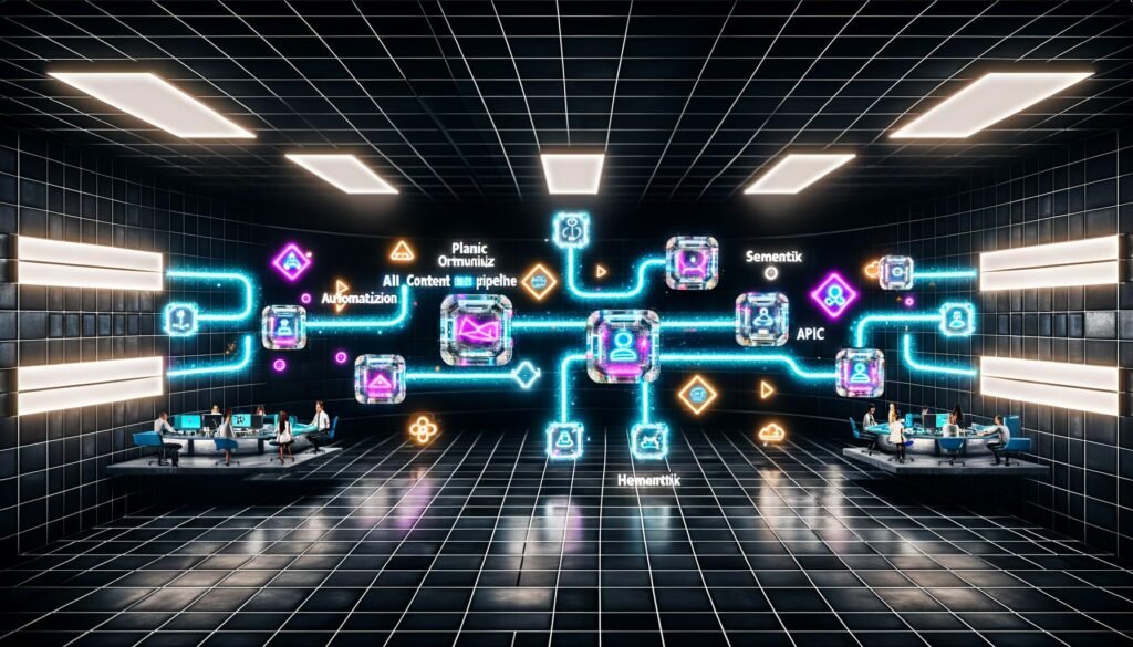 Futuristischer Kontrollraum mit holografischen Schnittstellen, digitalen Pipelines und einem vielfältigen Team, das KI-Inhalte, APIs und semantische Tags auf schwebenden Bildschirmen überwacht. Visuelle Darstellung der 'Plasmic AI Content Pipeline' als leuchtende, modulare Blöcke mit integrierten Begriffen wie Automatisierung, Semantik und API-Orchestrierung.