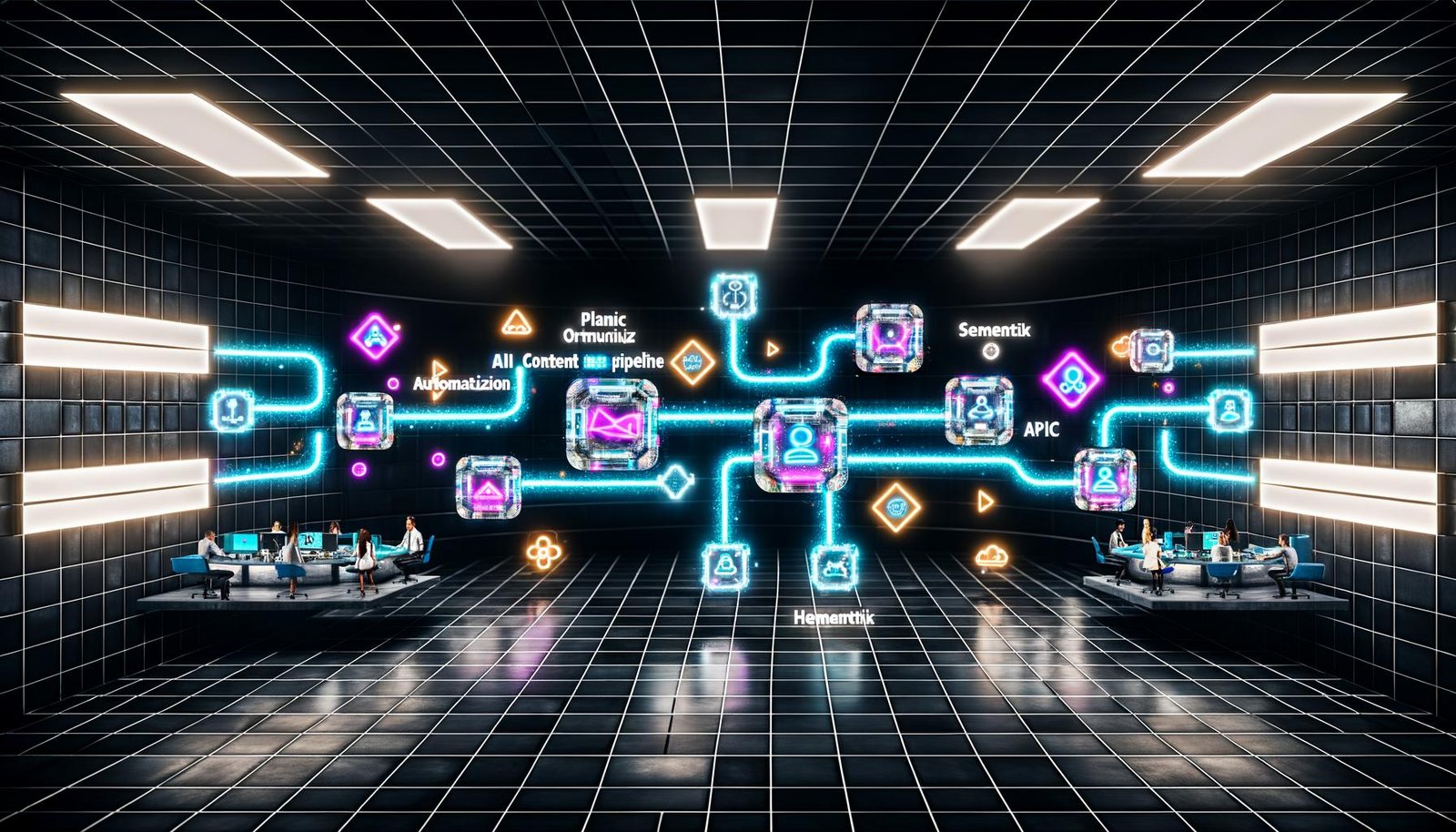 Futuristischer Kontrollraum mit holografischen Schnittstellen, digitalen Pipelines und einem vielfältigen Team, das KI-Inhalte, APIs und semantische Tags auf schwebenden Bildschirmen überwacht. Visuelle Darstellung der 'Plasmic AI Content Pipeline' als leuchtende, modulare Blöcke mit integrierten Begriffen wie Automatisierung, Semantik und API-Orchestrierung.