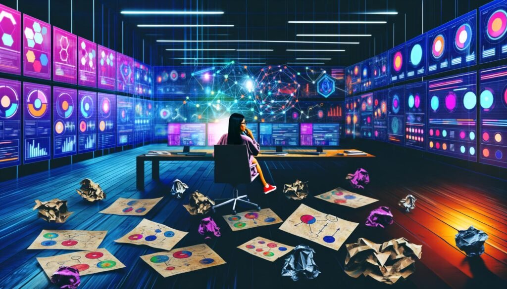 Content Marketer vor modernen Bildschirmen mit Analysedaten, Nutzersegmenten, Heatmaps und Echtzeitdatenströmen in einer intensiven, digitalen Arbeitsumgebung.