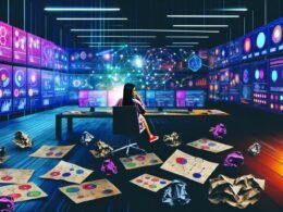 Content Marketer vor modernen Bildschirmen mit Analysedaten, Nutzersegmenten, Heatmaps und Echtzeitdatenströmen in einer intensiven, digitalen Arbeitsumgebung.